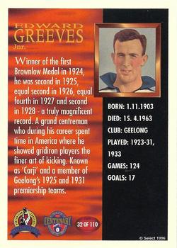 1996 Select AFL Hall of Fame #32 Edward Greeves Jr. Back